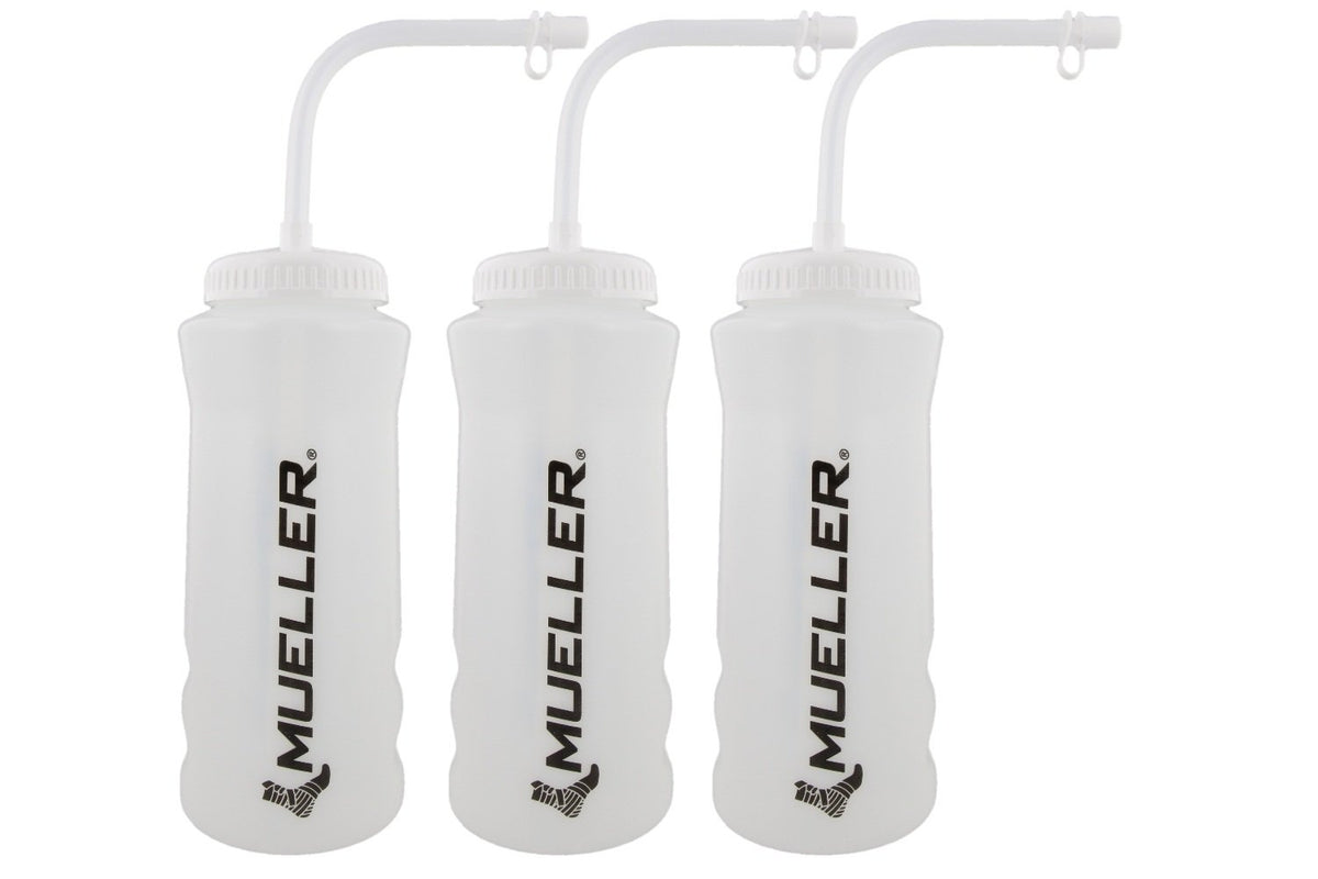 Botella Mueller Quart con pajilla, color natural y letras negras, ideal para entrenamiento.