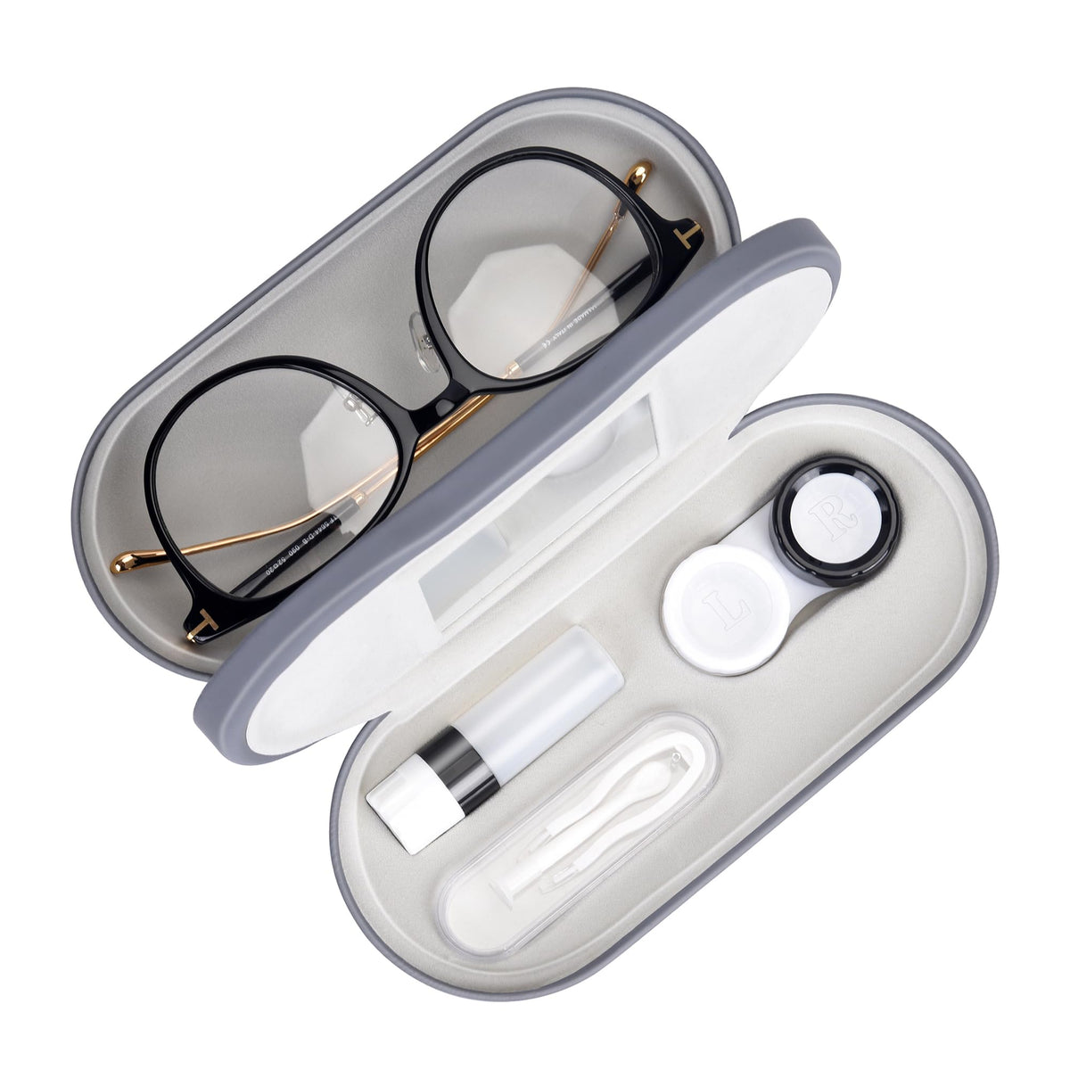 Estuche Muf con doble cara y espejo para gafas y lentes; práctico para uso diario.