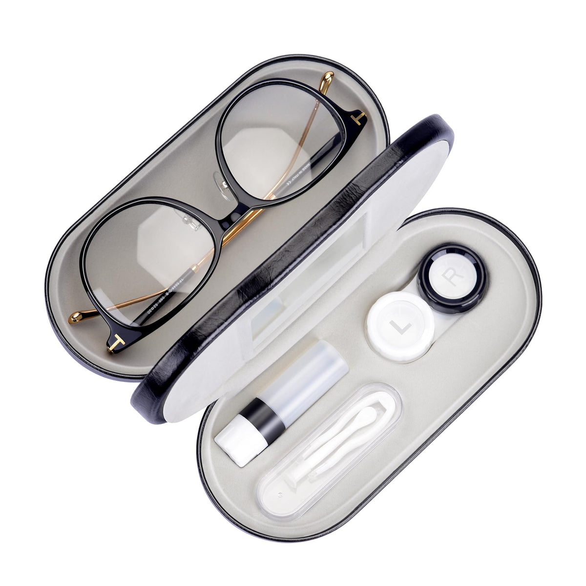 Estuche Muf dos en uno para lentes y gafas con espejo, práctico para organizar accesorios.