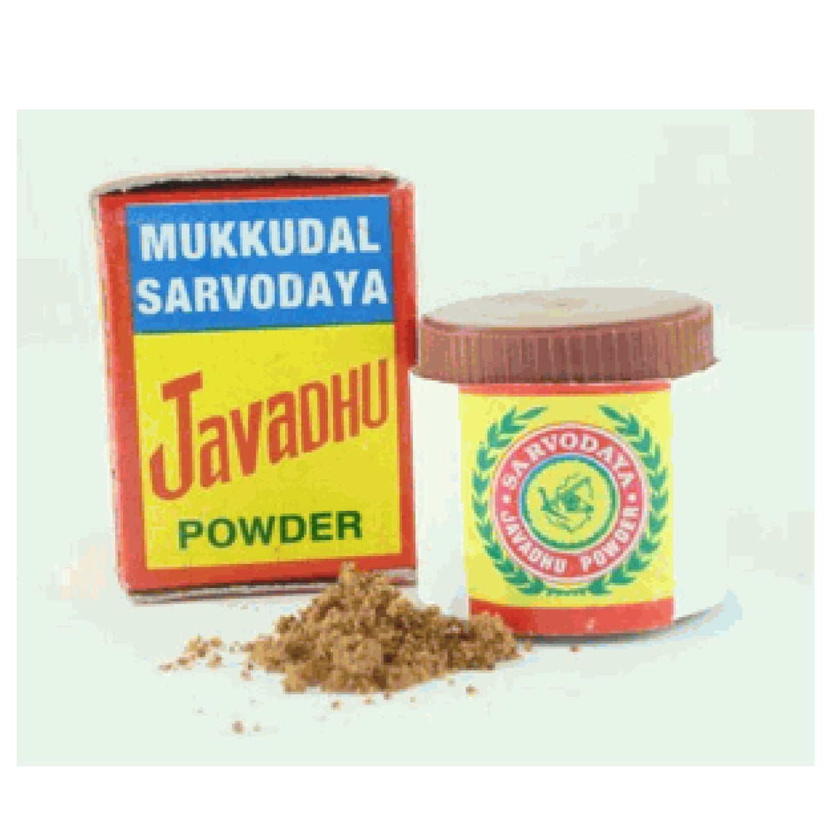 Polvo Javadhu de Mukkudal Sarvodaya para piel humana, ideal para aplicar suave en la piel.