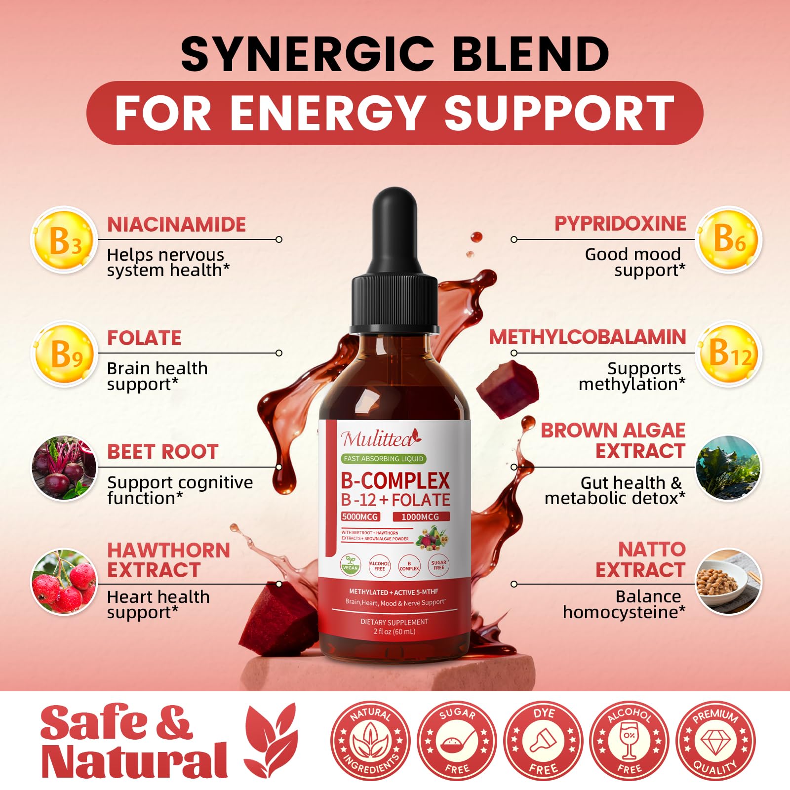 Mulittea Complejo B12 y Folato, vitaminas bioactivas para uso diario.