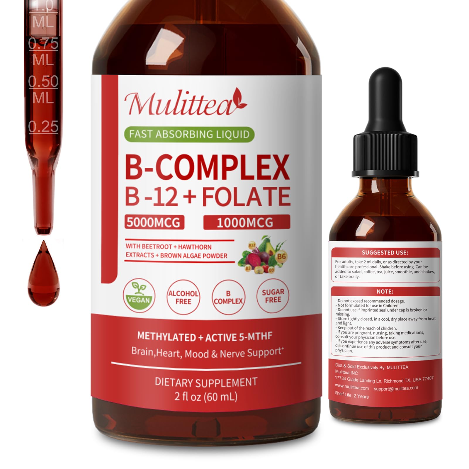 Mulittea Complejo B gotas 60 ml en botella, apoyo potencial de energía diaria.
