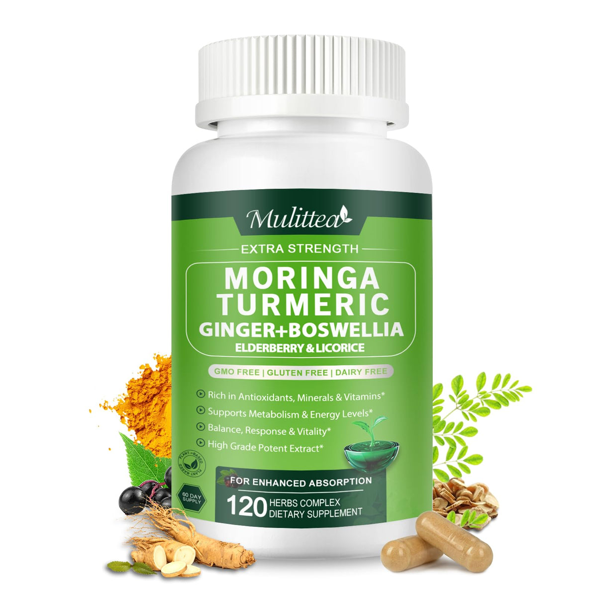 Mulittea cápsulas de moringa orgánica 1000 mg para apoyo diario de vitalidad