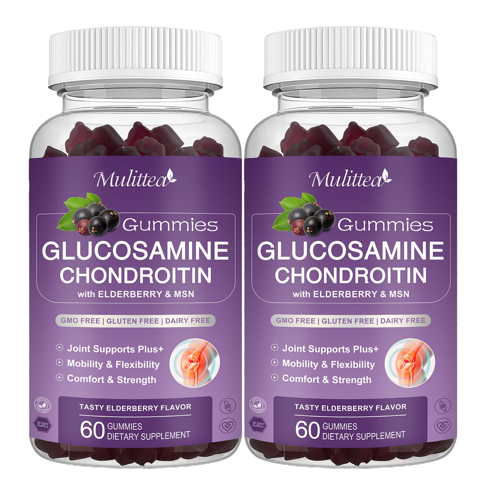 Mulittea glucosamina y condroitina en gomitas, botella para apoyar la movilidad diaria.