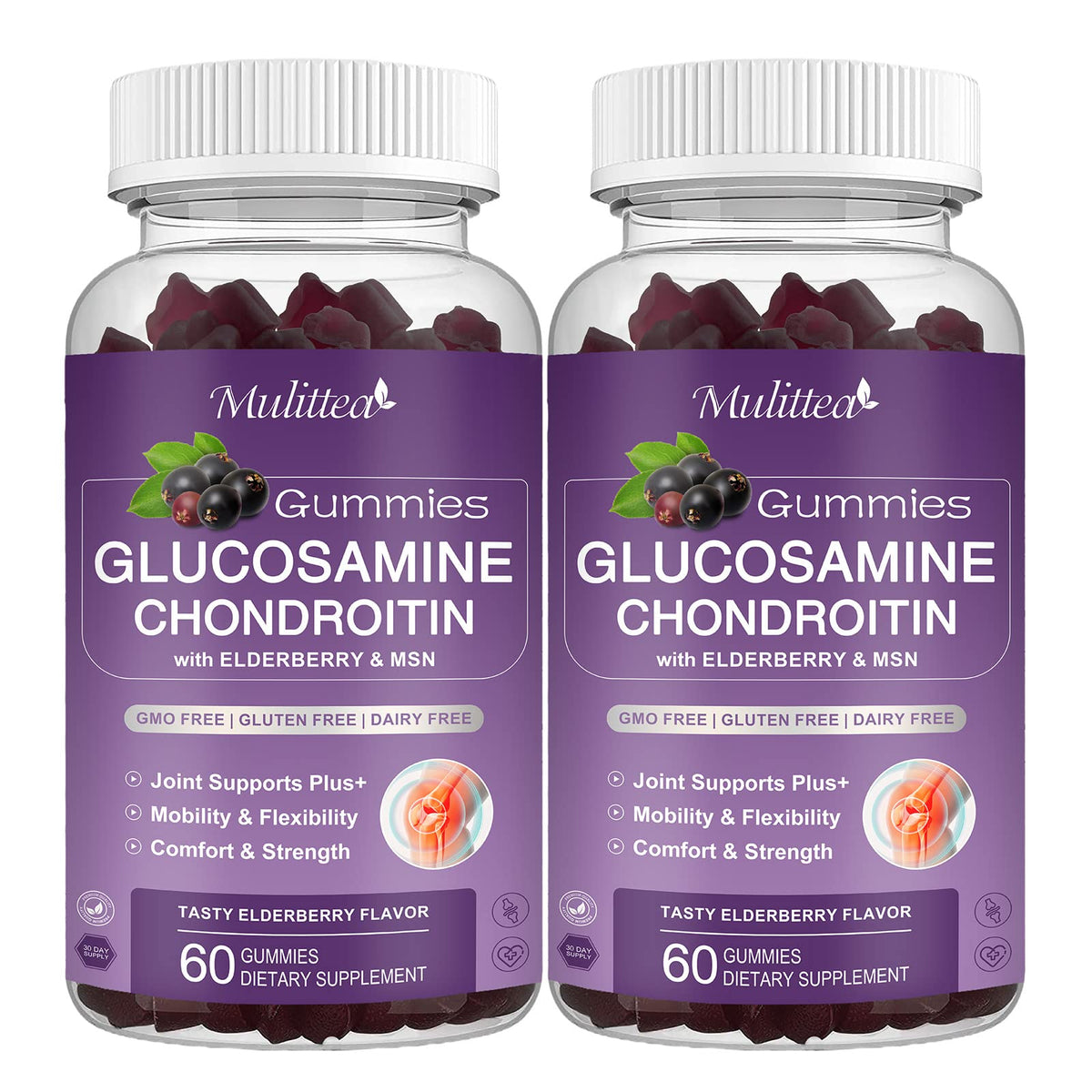 Mulittea glucosamina y condroitina en gomitas, botella para apoyar la movilidad diaria.