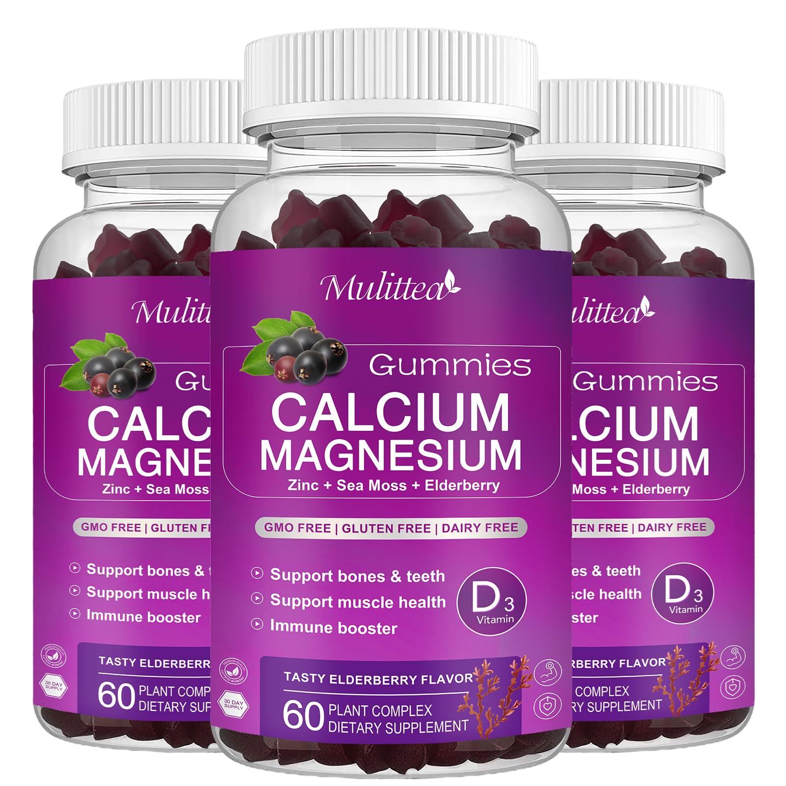 Mulittea gominolas calcio magnesio zinc sabor saúco en botella, consumo diario cómodo