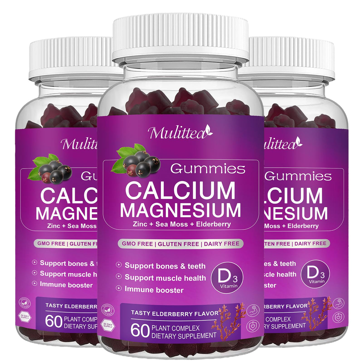 Mulittea gominolas calcio magnesio zinc sabor saúco en botella, consumo diario cómodo