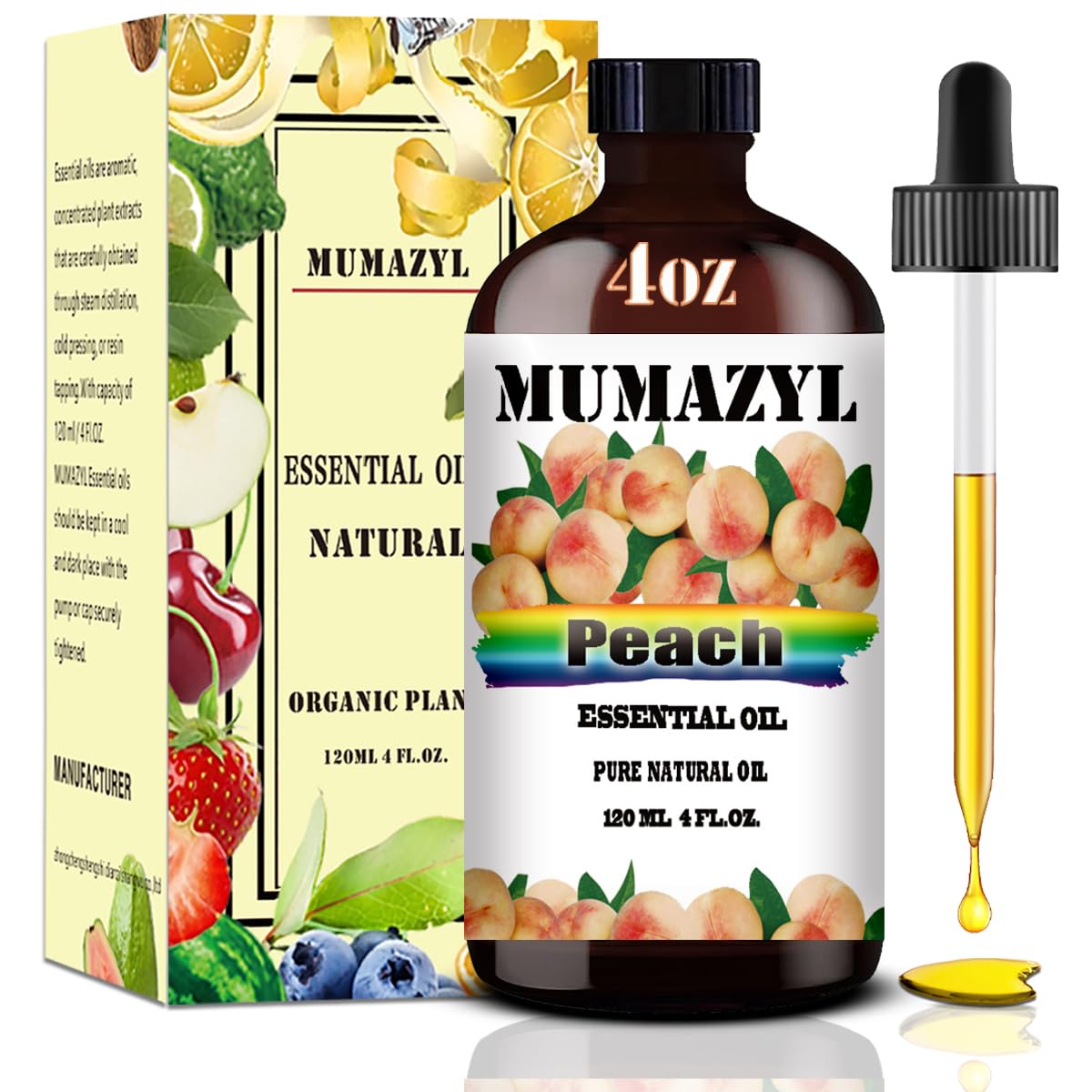 MUMAZYL aceite de melocotón, botella ámbar 120 ml conserva la fragancia y facilita su uso.