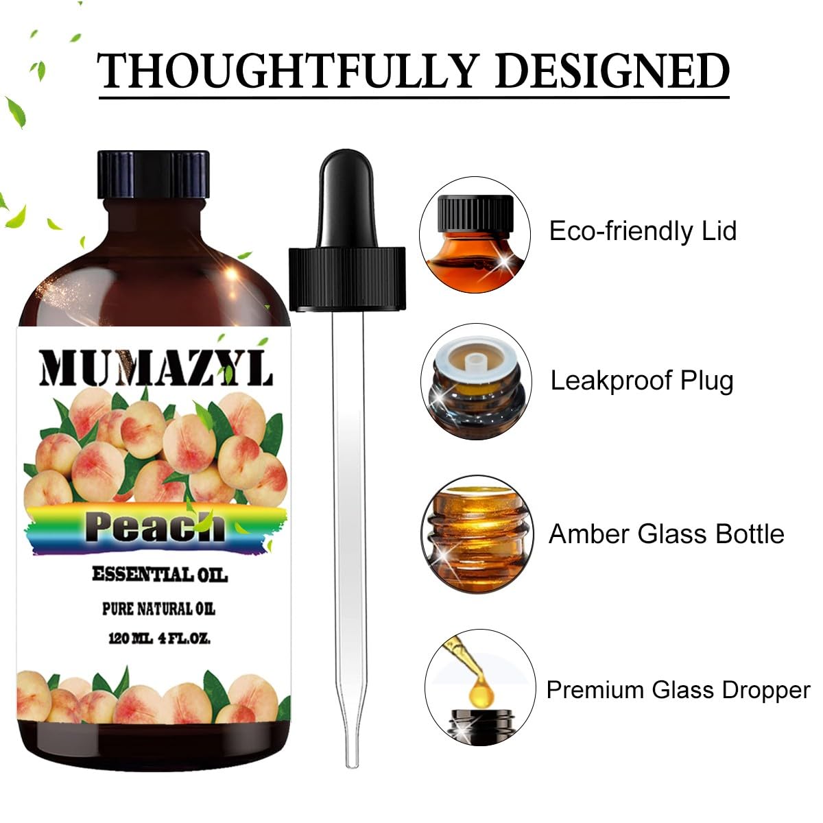 MUMAZYL aceite de melocotón, cuentagotas de cristal para dosificar con precisión.