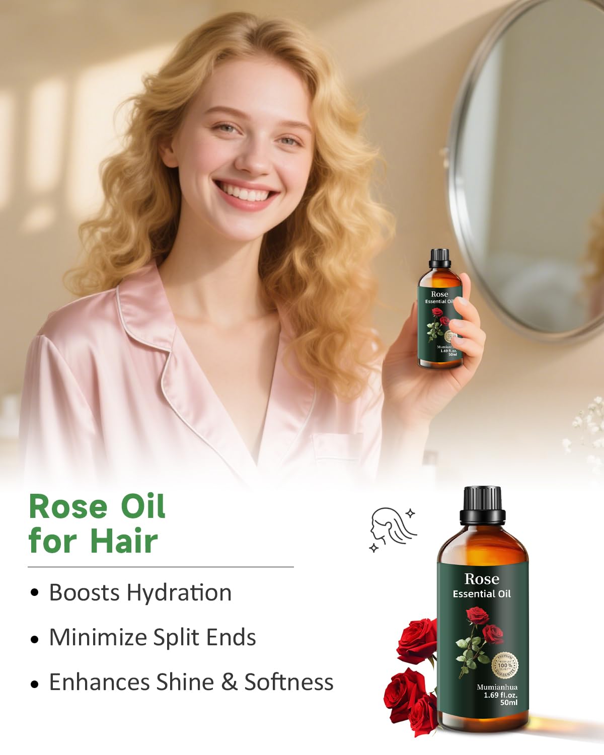 Mumianhua Aceite de Rosa para cabello, fortalecimiento y brillo.