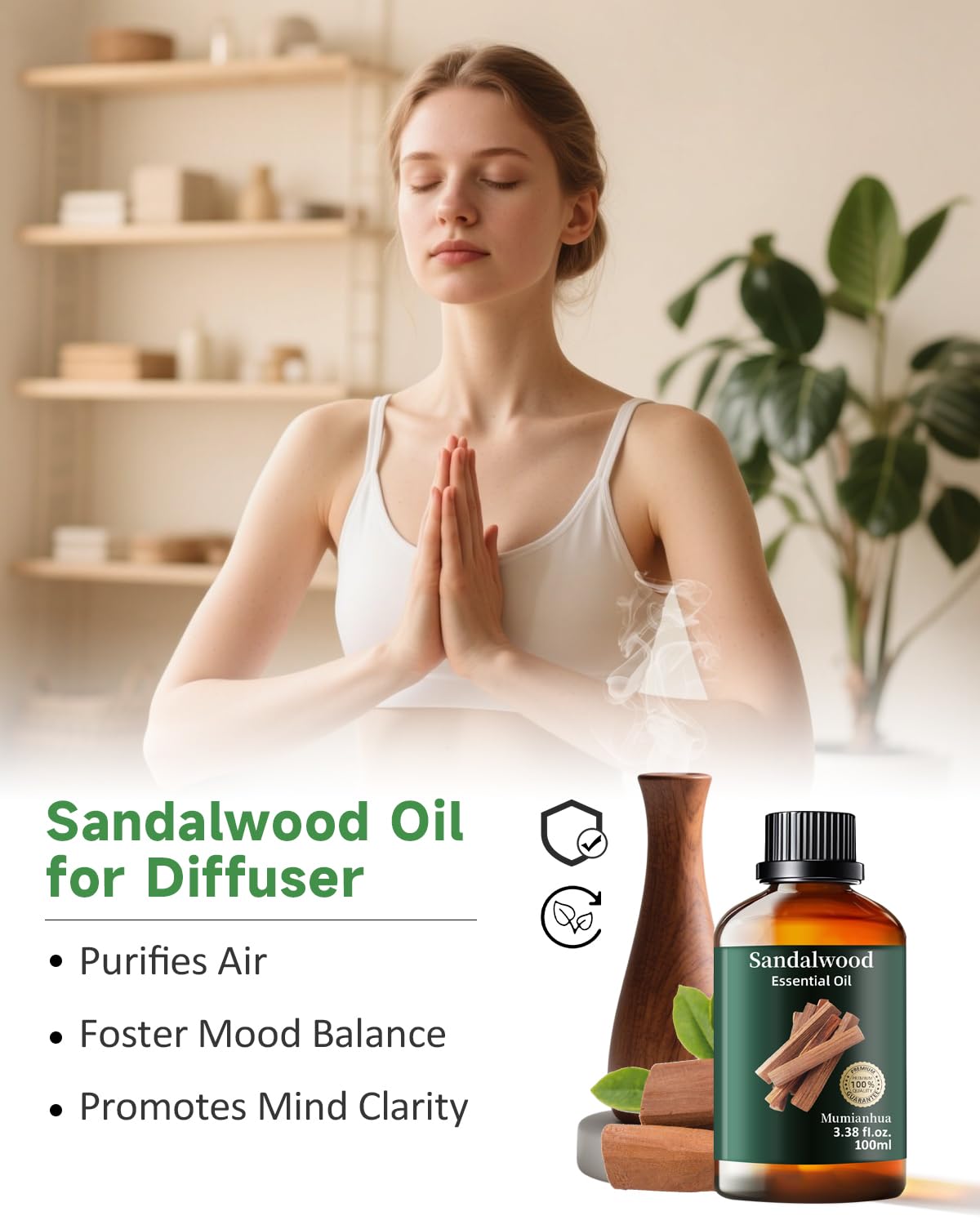 Mumianhua Aceite Esencial de Sandalo para difusor, crea ambiente calmante y lujoso.