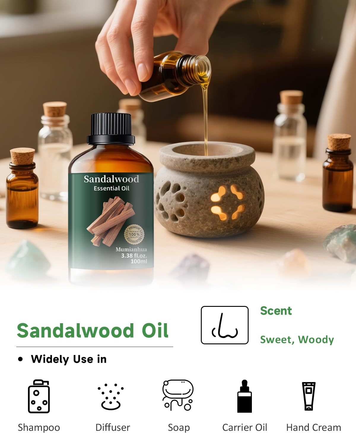 Mumianhua Aceite de Sandalo, nota base para perfumes caseros.