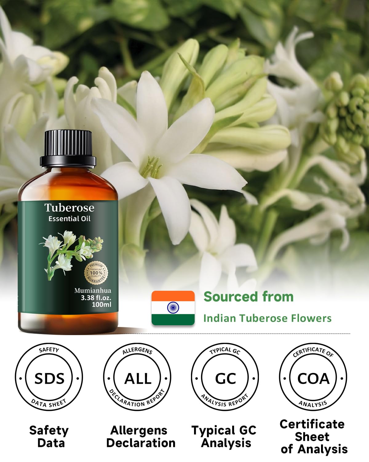 Mumianhua Aceite Esencial Tuberosa en envase elegante y etiqueta.