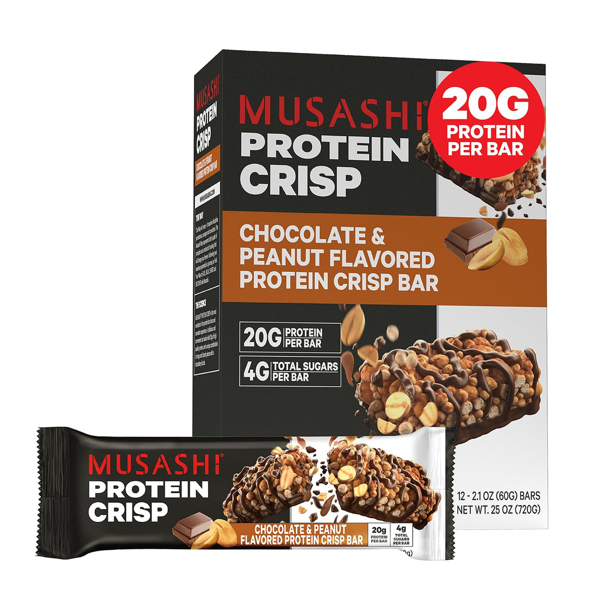Barra crujiente MUSASHI con chocolate y maní, ideal para recargar energía tras entrenar.