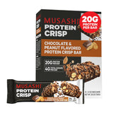 Barra crujiente MUSASHI con chocolate y maní, ideal para recargar energía tras entrenar.