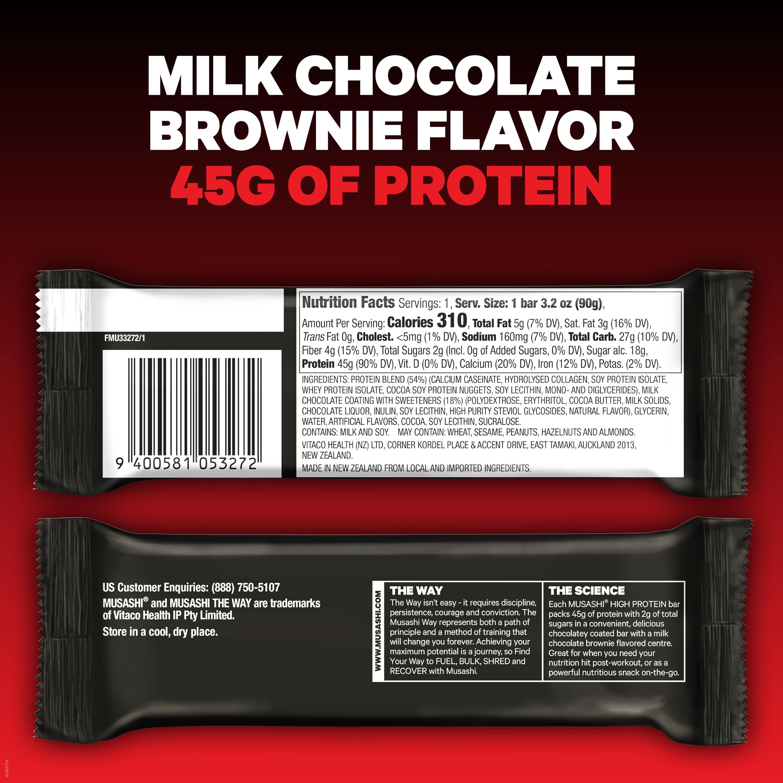 MUSASHI chocolate leche brownie, barra cremosa para merienda post-entrenamiento.