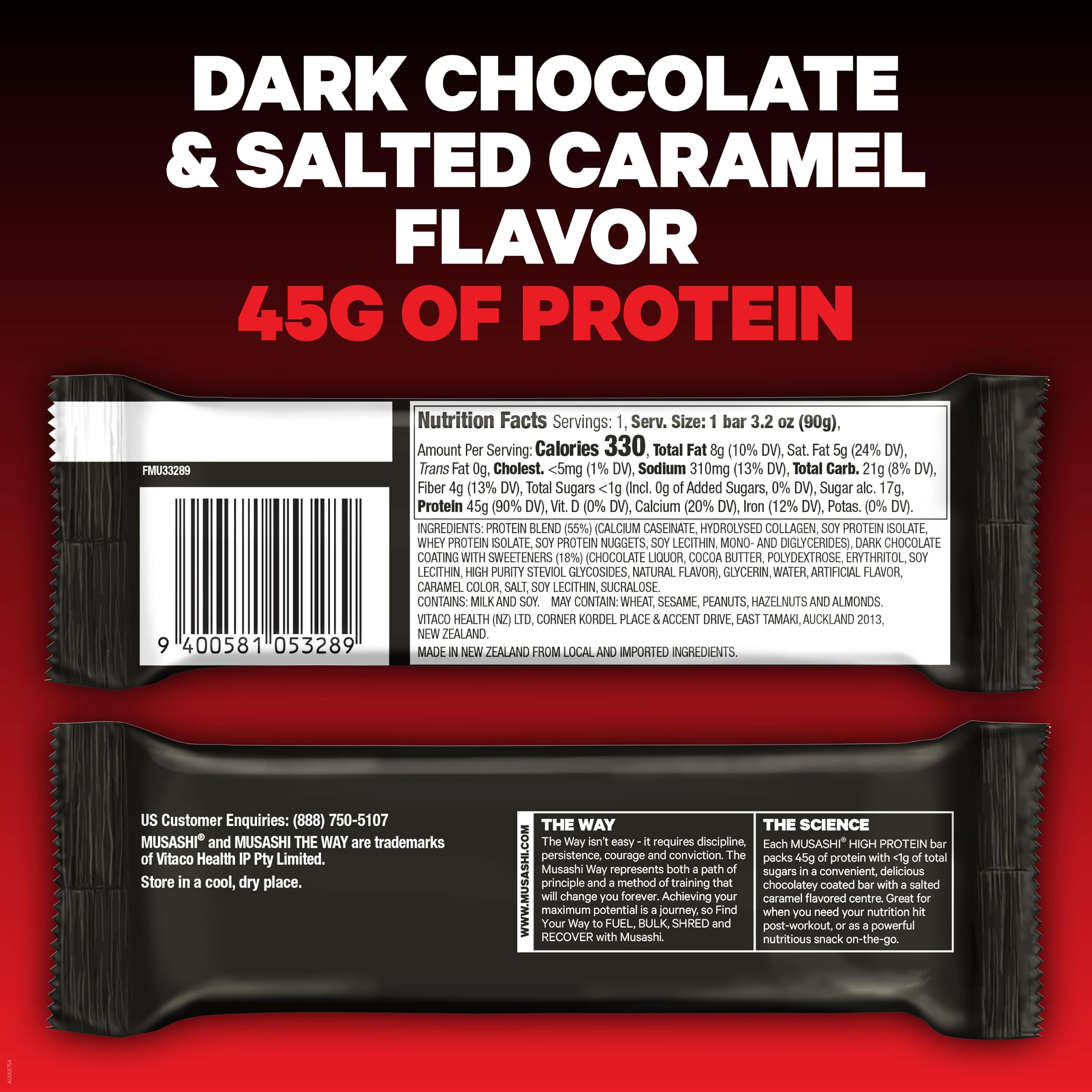 Barra MUSASHI sabor chocolate oscuro ideal como snack proteico.
