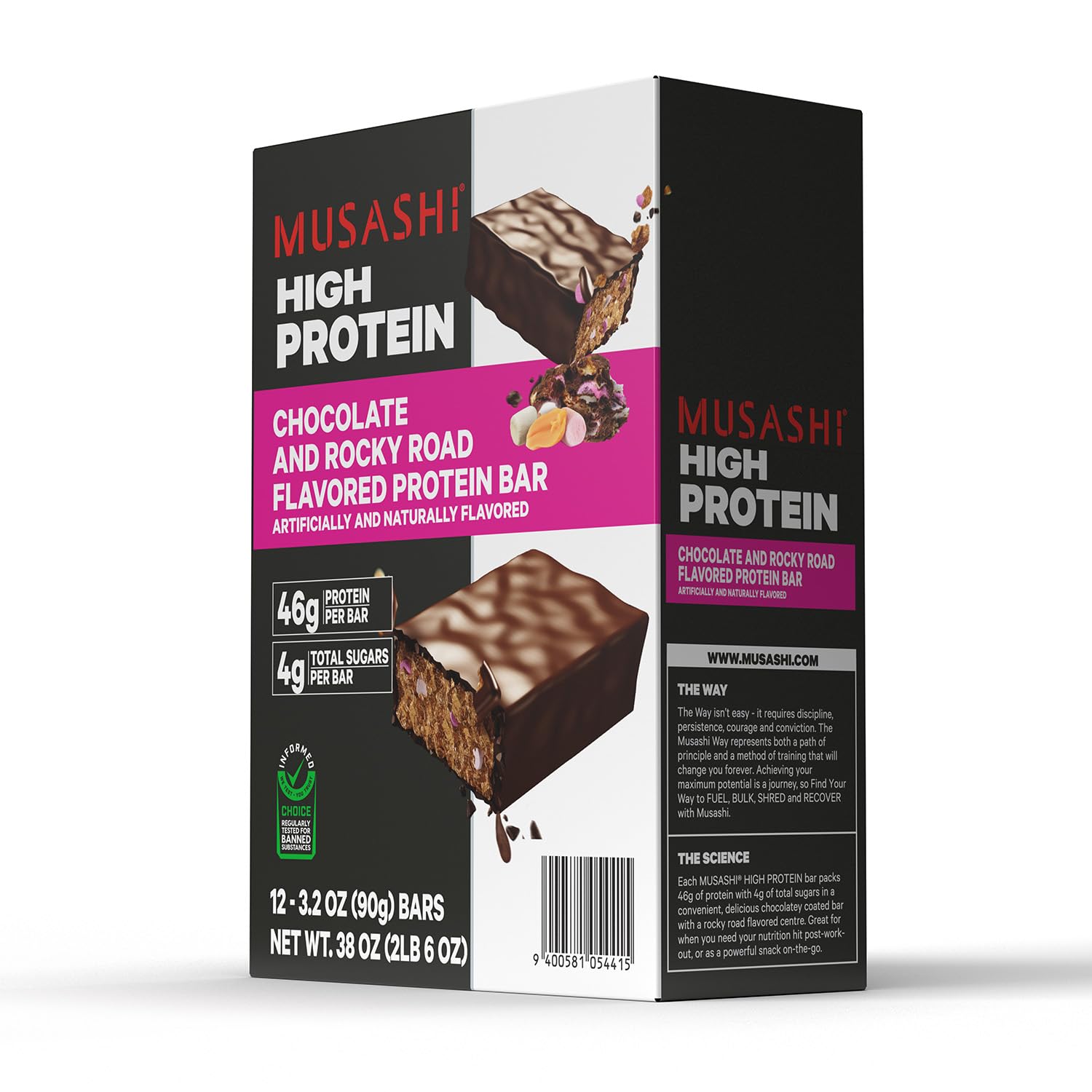 Barra proteica MUSASHI Rocky Road para usar durante el día.