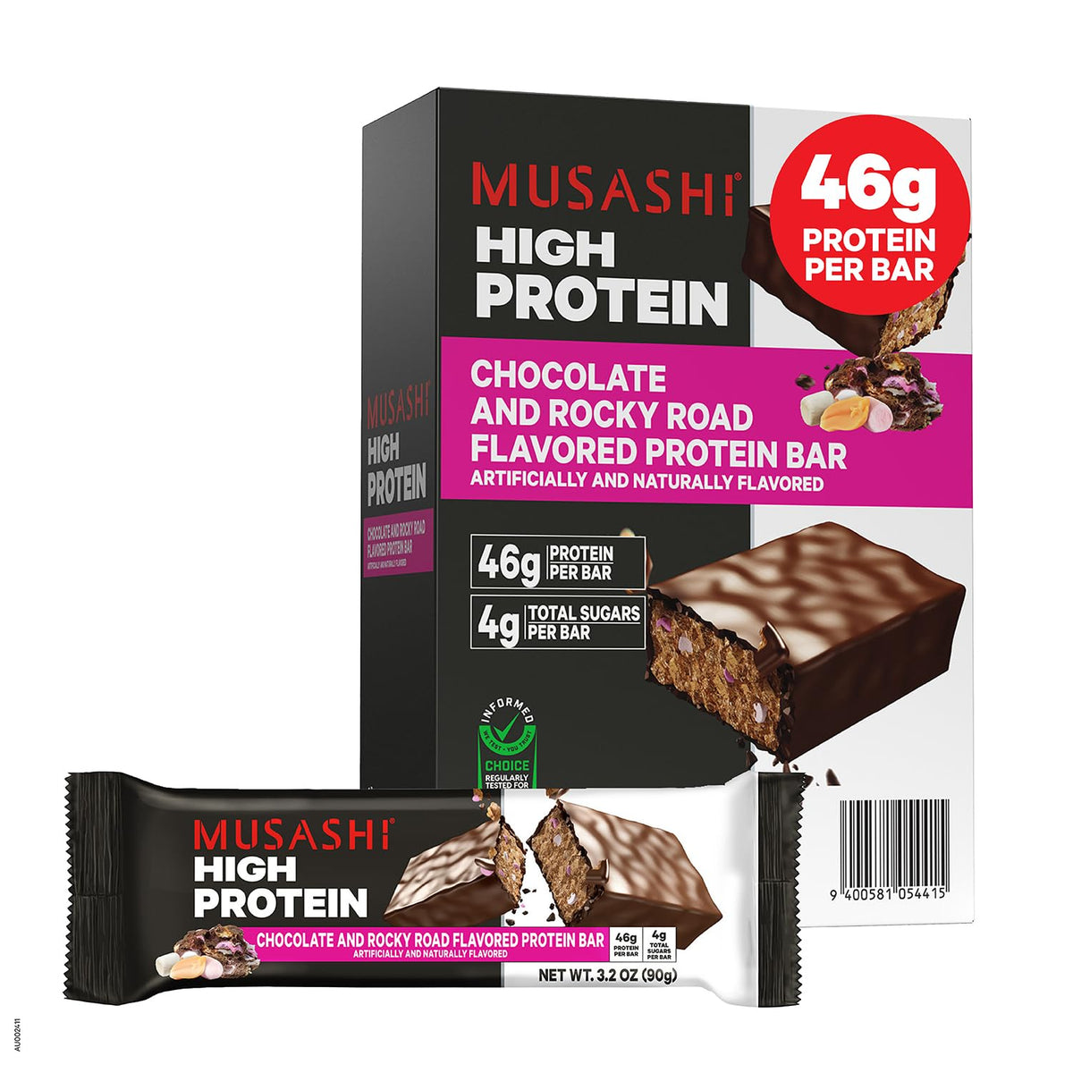 Barra proteica MUSASHI Rocky Road de 90 g, snack post-entrenamiento.