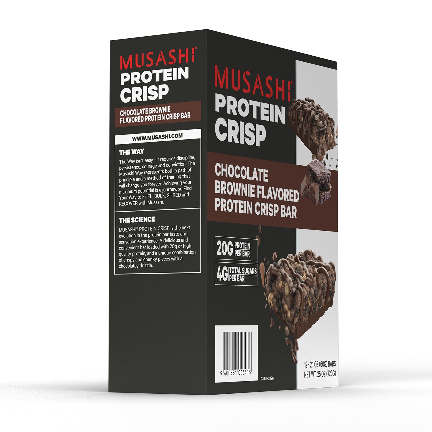 MUSASHI Protein Crisp Bar 20 g de proteína por porción, apoyo a metas.