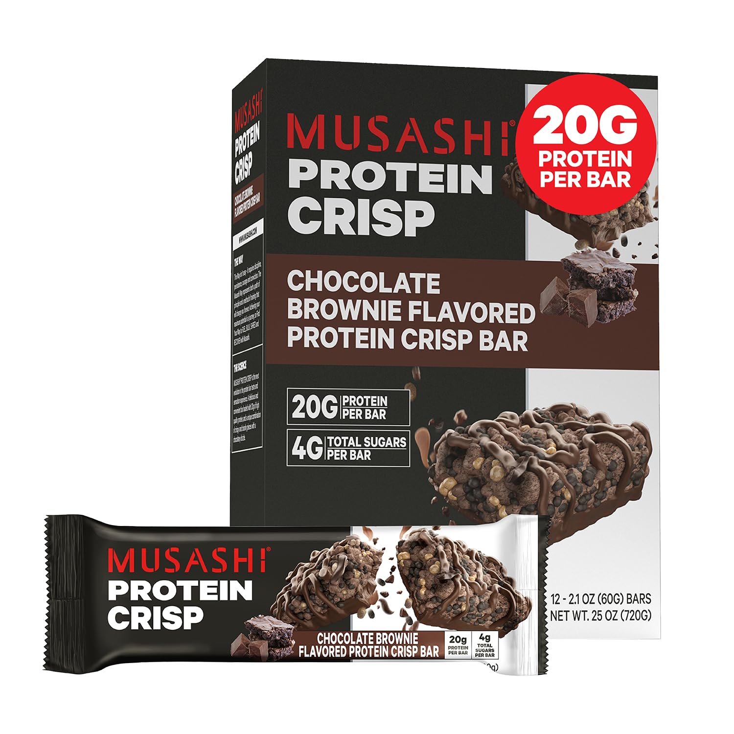 MUSASHI Protein Crisp Bar chocolate brownie, barra de 60 g para recuperación post-entrenamiento.