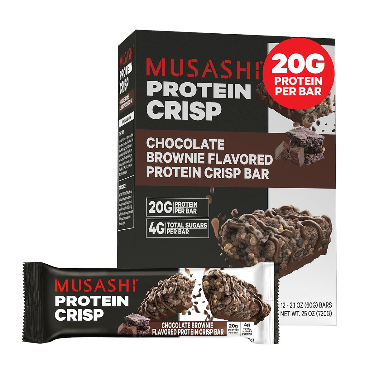 MUSASHI Protein Crisp Bar chocolate brownie, barra de 60 g para recuperación post-entrenamiento.