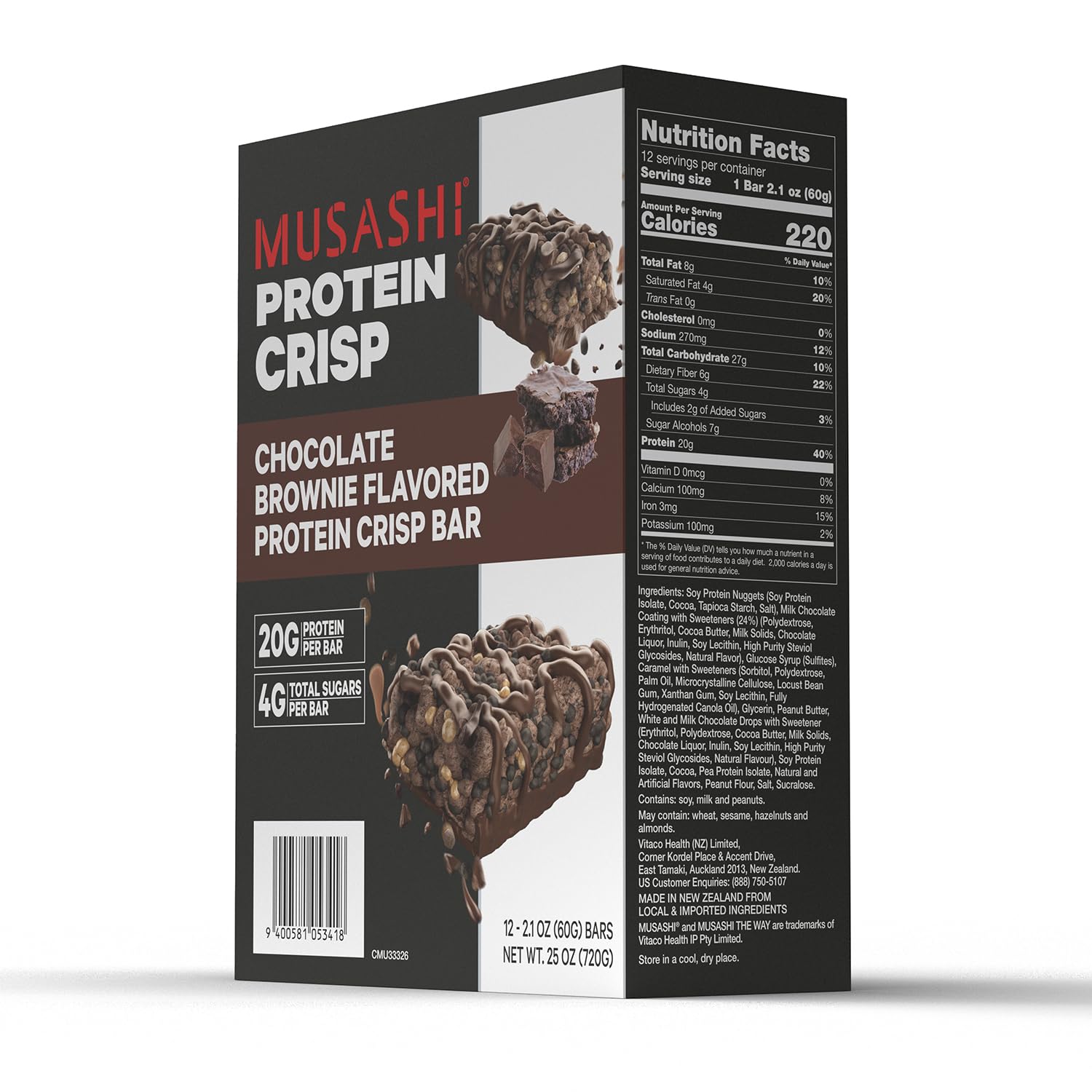 MUSASHI Protein Crisp Bar sabor chocolate con leche, placer sabroso.