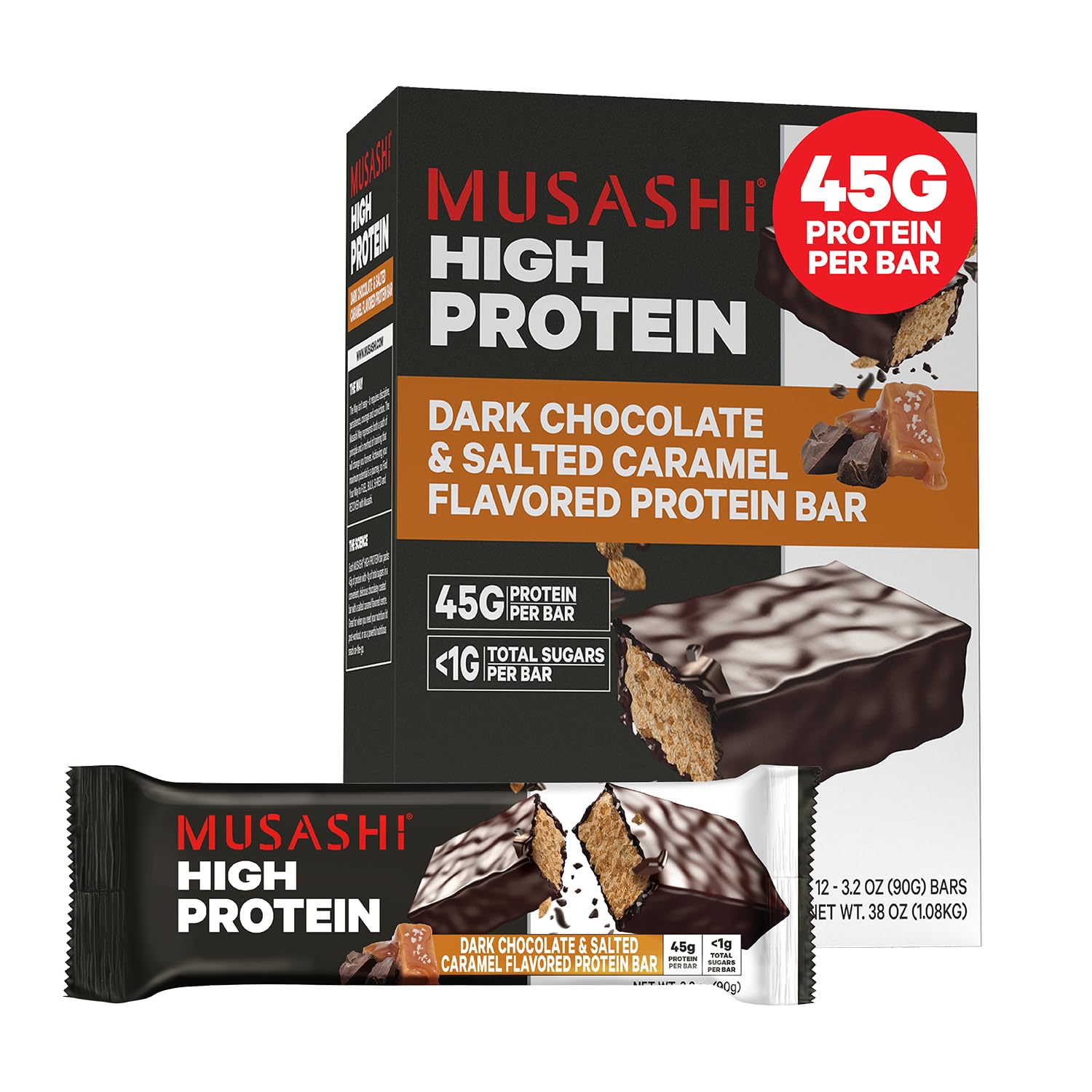 Barra MUSASHI proteína 45 g lista para recuperación posentrenamiento.