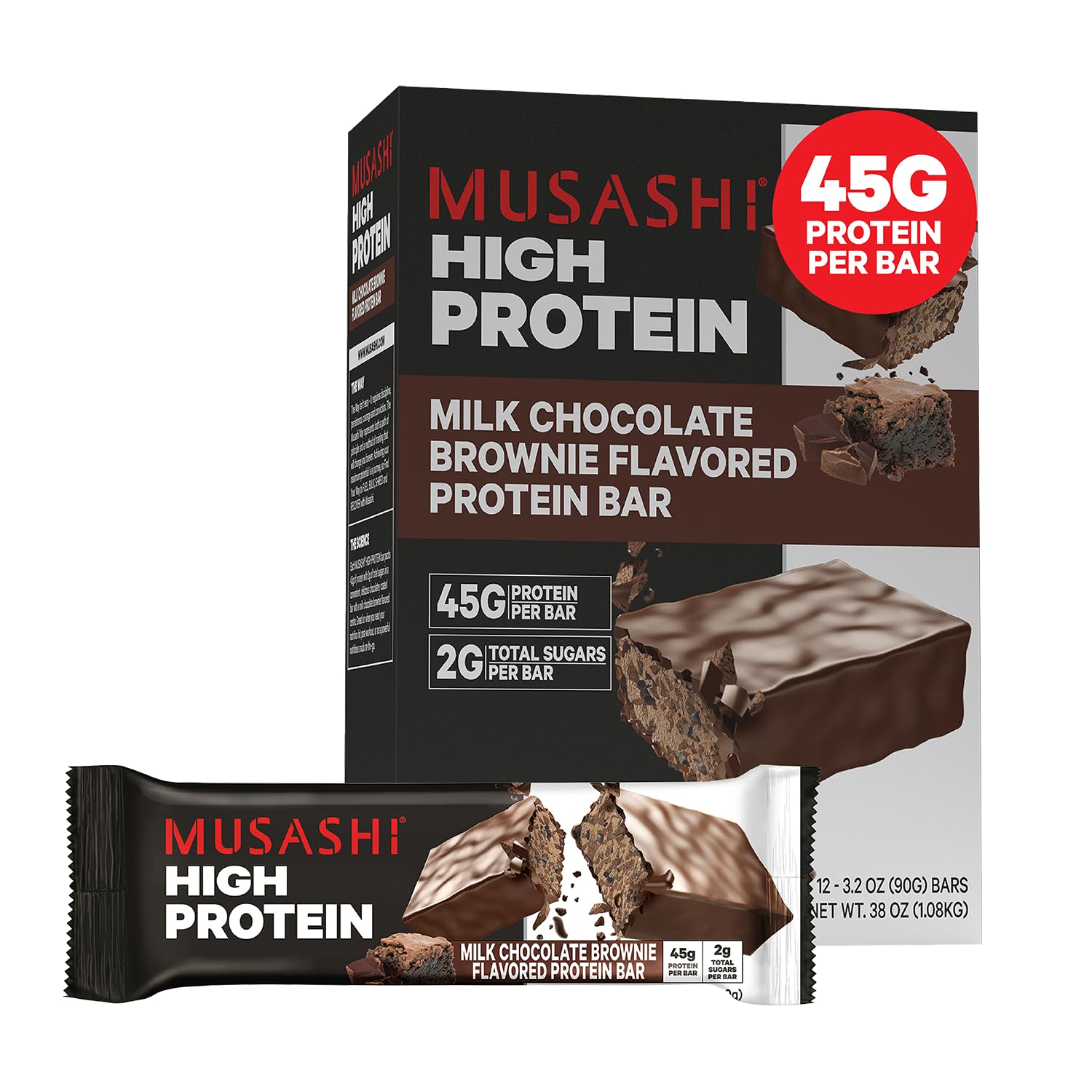 Barra MUSASHI proteína 45 g, ideal para entrenamientos intensos.