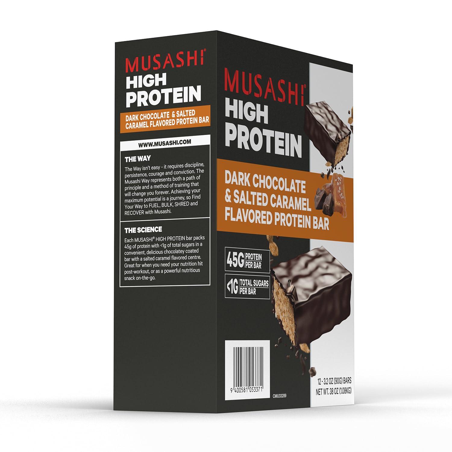 Barra MUSASHI proteína aislada de suero con baja lactosa.