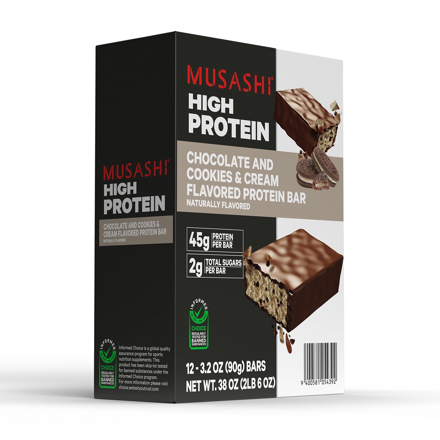 Barra MUSASHI proteina galletas crema, primer plano de proteína visible.