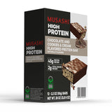 Barra MUSASHI proteina galletas crema, primer plano de proteína visible.
