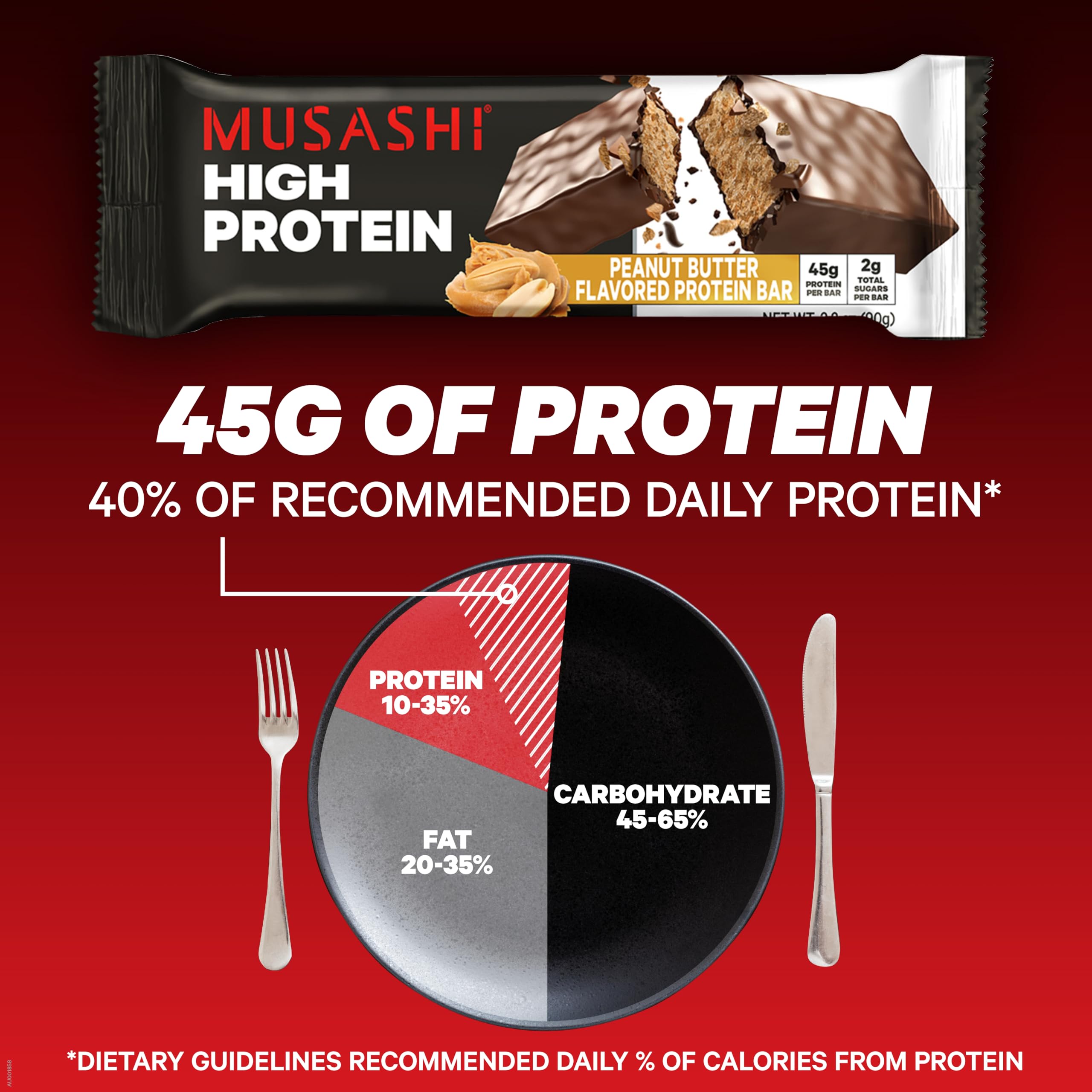 Barra MUSASHI proteina galletas crema, diseño elegante de empaque.