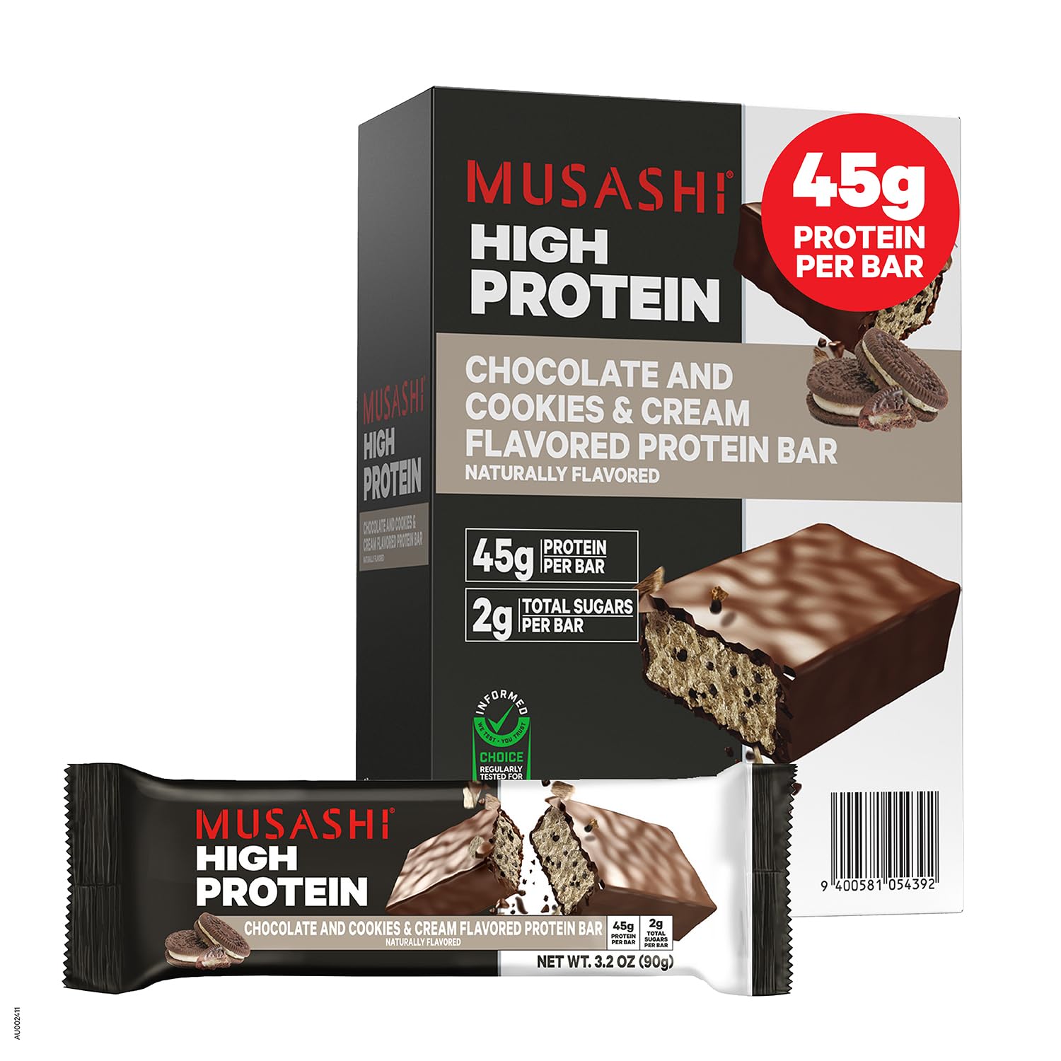Barra MUSASHI Proteína de galletas y crema en envase, apoyo para entrenamiento.