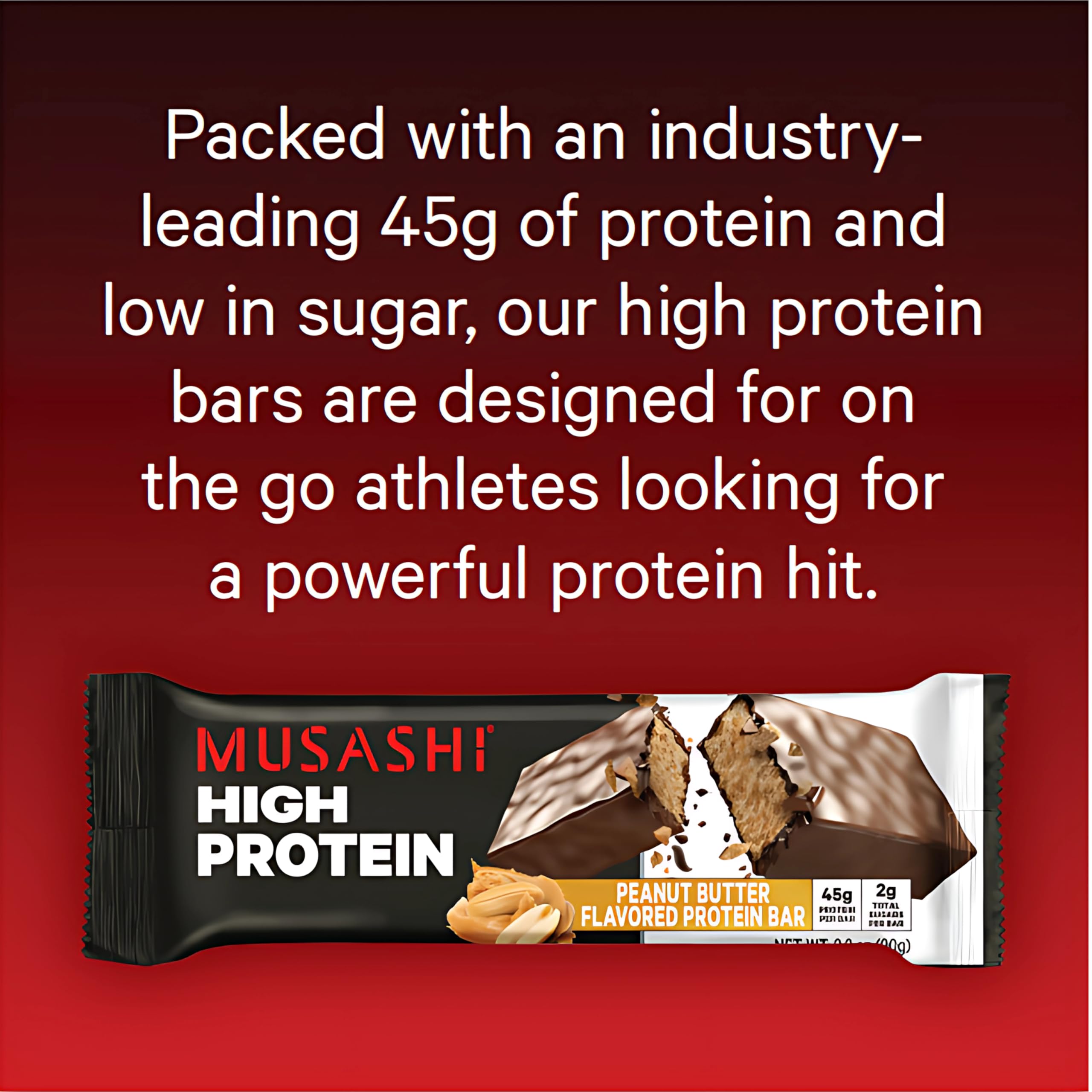 MUSASHI barrita con cobertura de mantequilla de cacahuete, sabor cremoso para recargar energía.