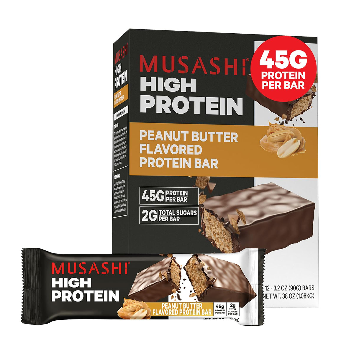 MUSASHI barrita proteína 45 g, snack post-entrenamiento para recuperación.