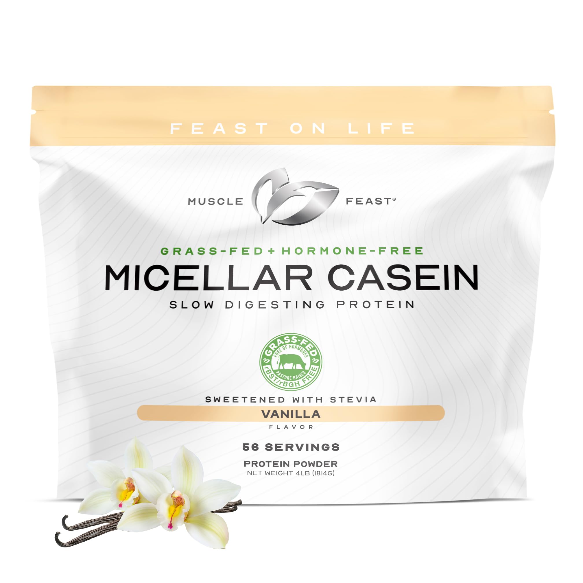 Muscle Feast Caseína micelar vainilla 4lb pote, textura cremosa y entrega de aminoácidos durante la noche