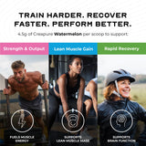 Muscle Feast Creapure Creatina Monohidrato disuelta en agua fría, bebida refrescante para entrenamientos.