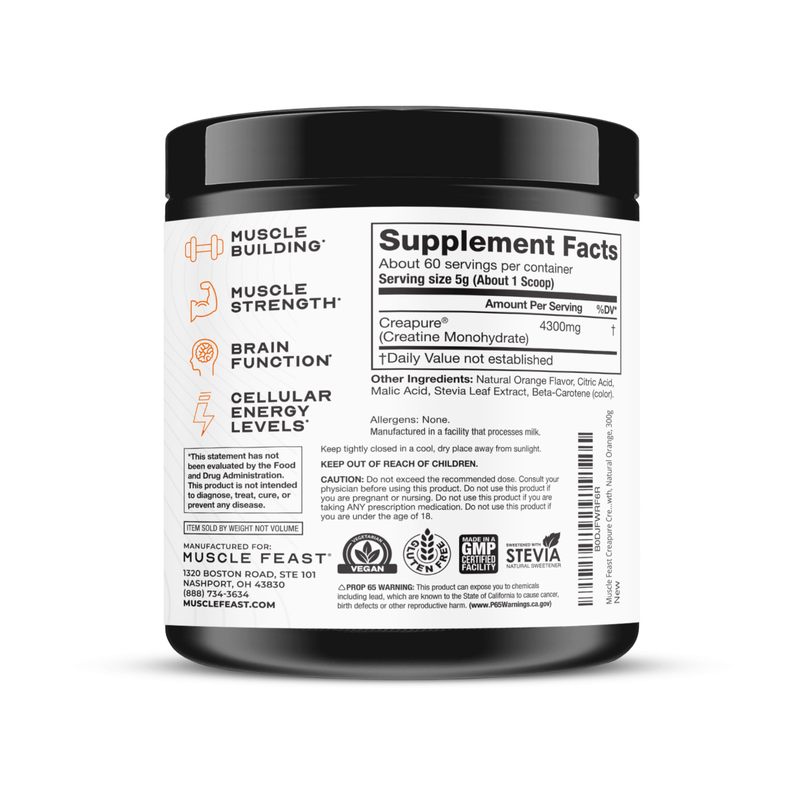 Ingredientes veganos: creatina pura apta para dietas sin gluten y keto.