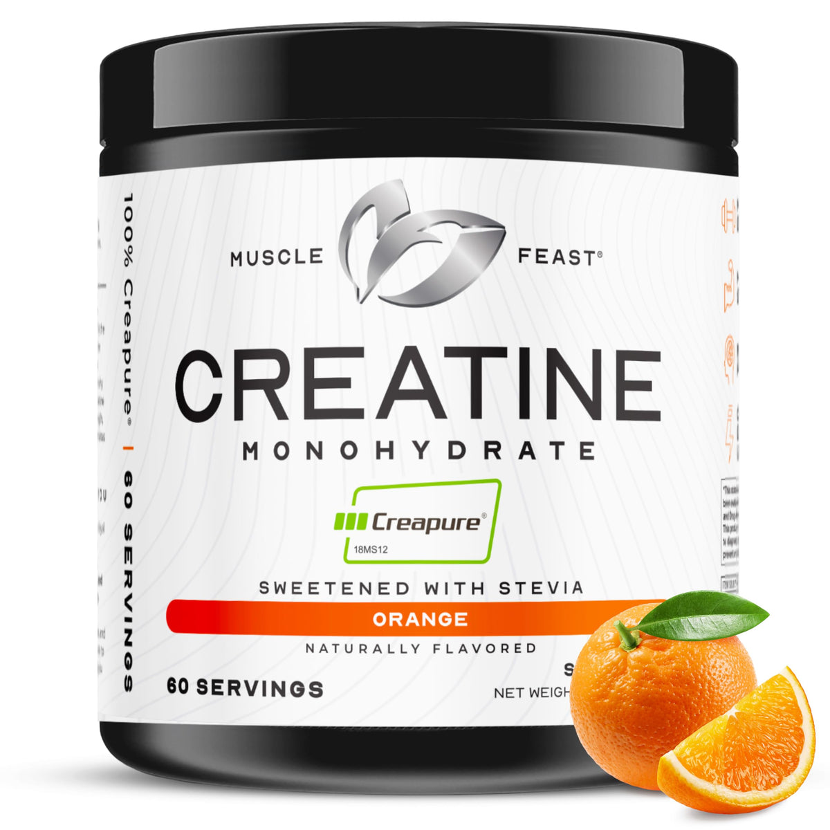 Muscle Feast Creapure Creatina Monohidrato en polvo sabor naranja natural, ideal para entrenamientos intensos.