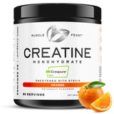 Muscle Feast Creapure Creatina Monohidrato en polvo sabor naranja natural, ideal para entrenamientos intensos.