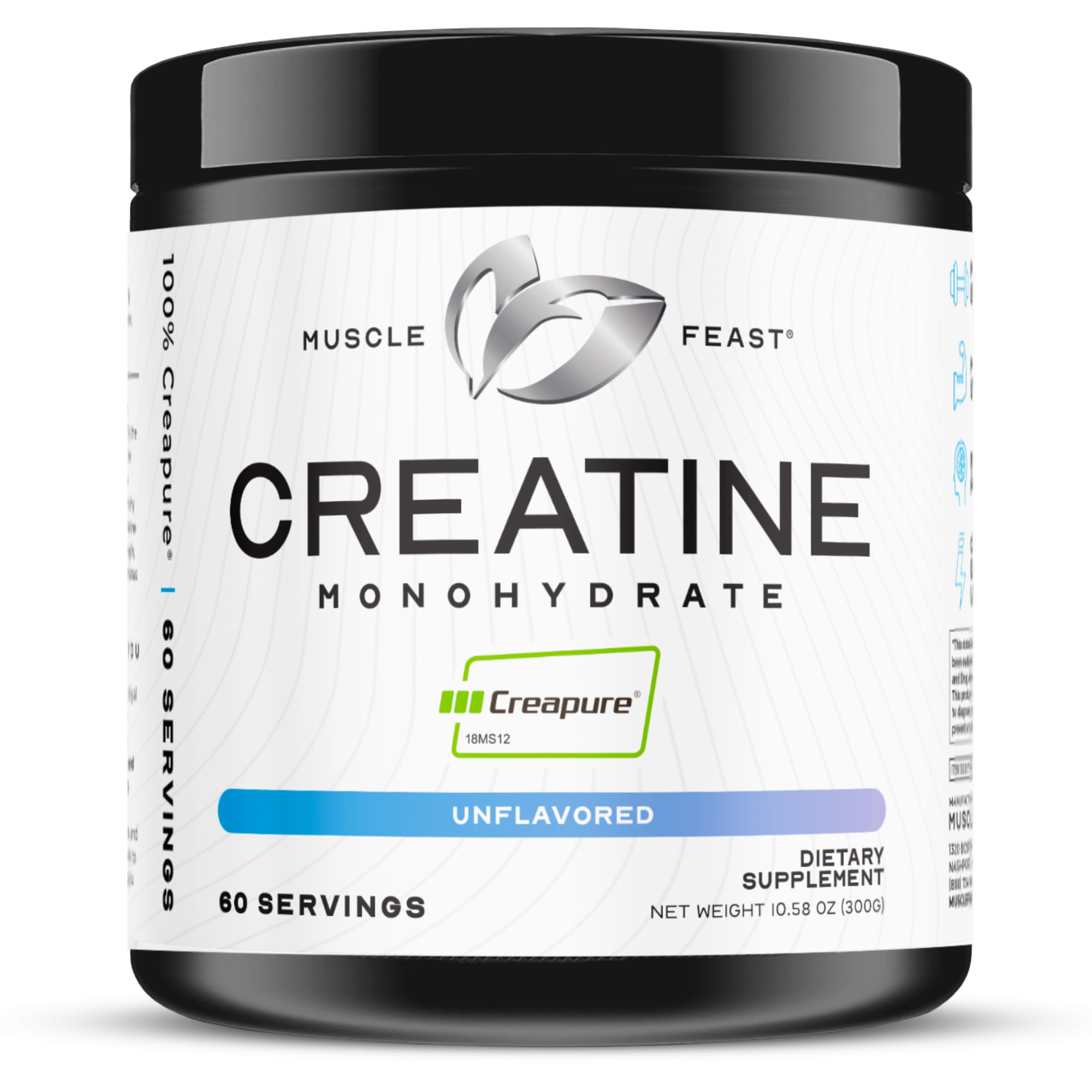 Muscle Feast Creapure Creatina Monohidrato en polvo en botella para potencia.