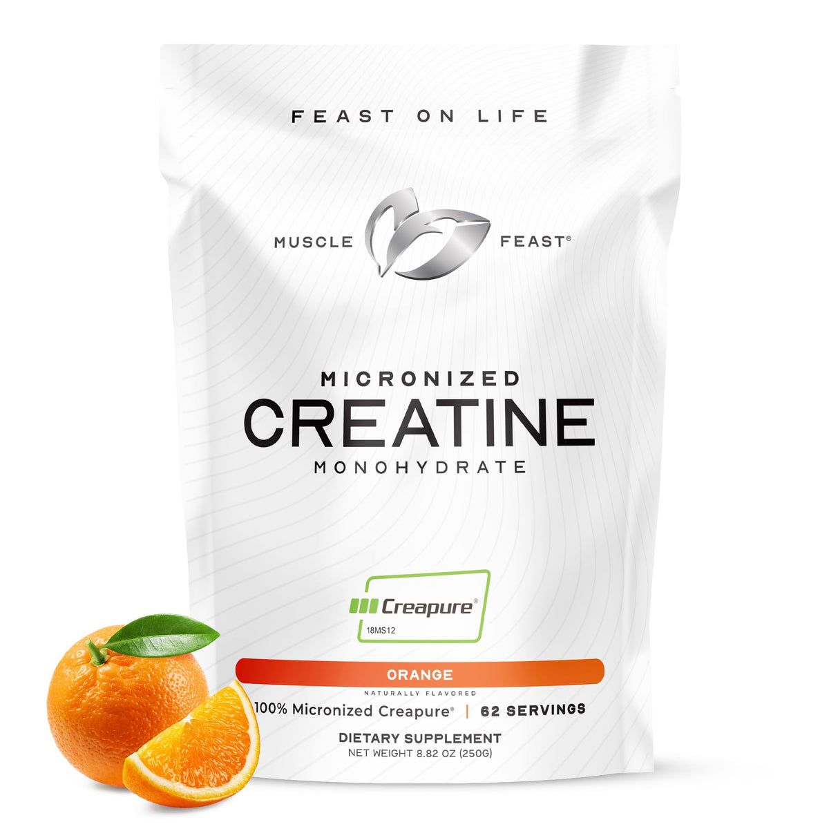 Muscle Feast Creapure frasco naranja, facilita entrenamientos consistentes gracias a la creatina pura.
