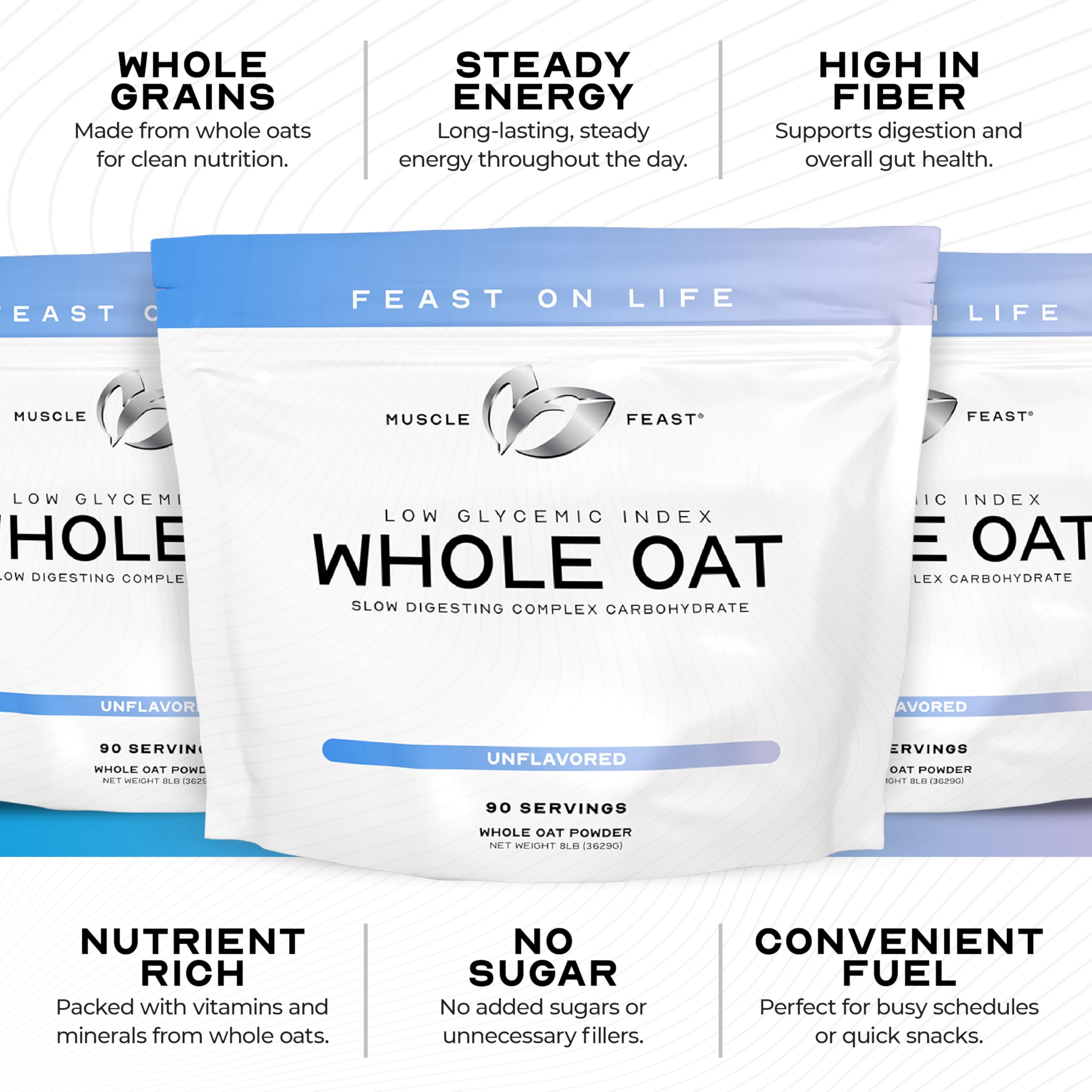 Muscle Feast envase de 8 lb de avena en polvo para uso diario.