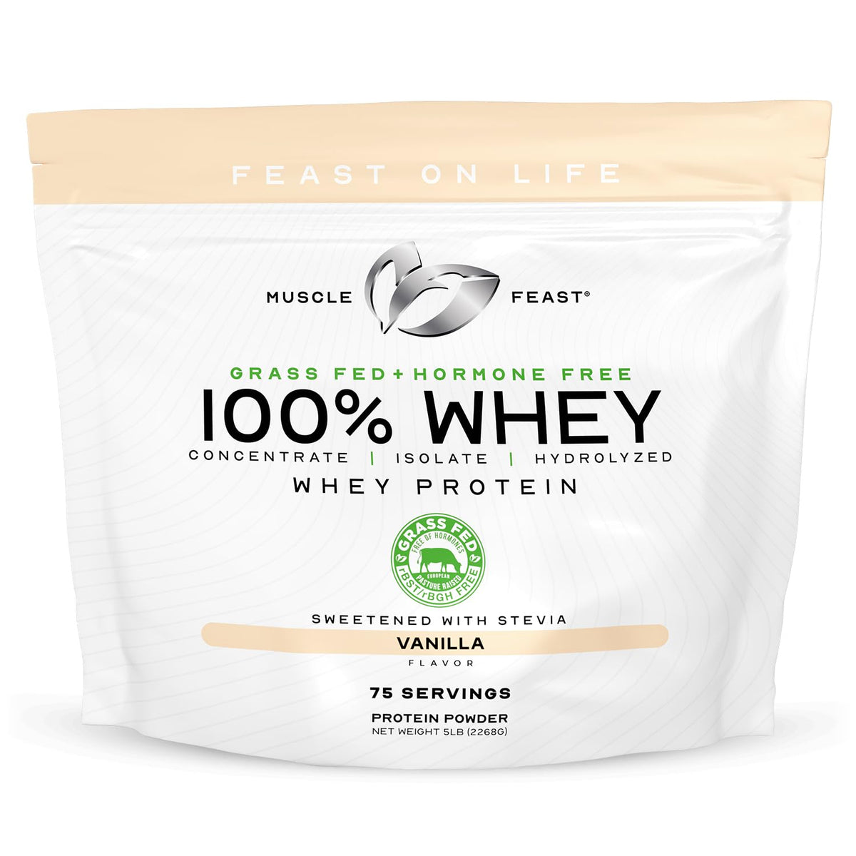 Muscle Feast Whey: empaque con diseño nuevo para proteína de suero de vacas alimentadas con pasto.