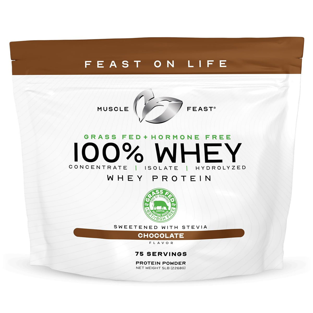 Muscle Feast whey proteína polvo chocolate, textura cremosa para batidos deliciosos.