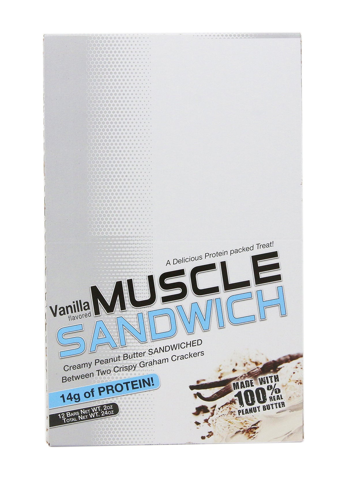 Muscle Foods Muscle Sandwich Vanilla en empaque, snack práctico para cualquier momento.