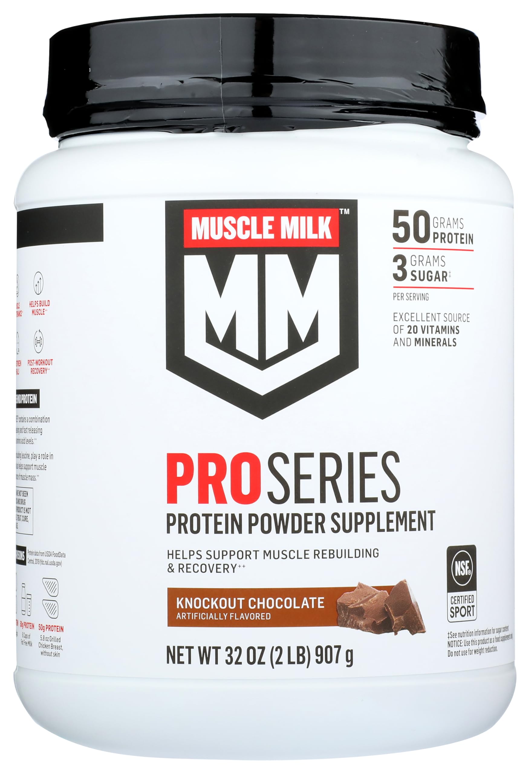 Muscle Milk Pro Series 50 Knockout Chocolate: envase destacado para proteína de liberación sostenida