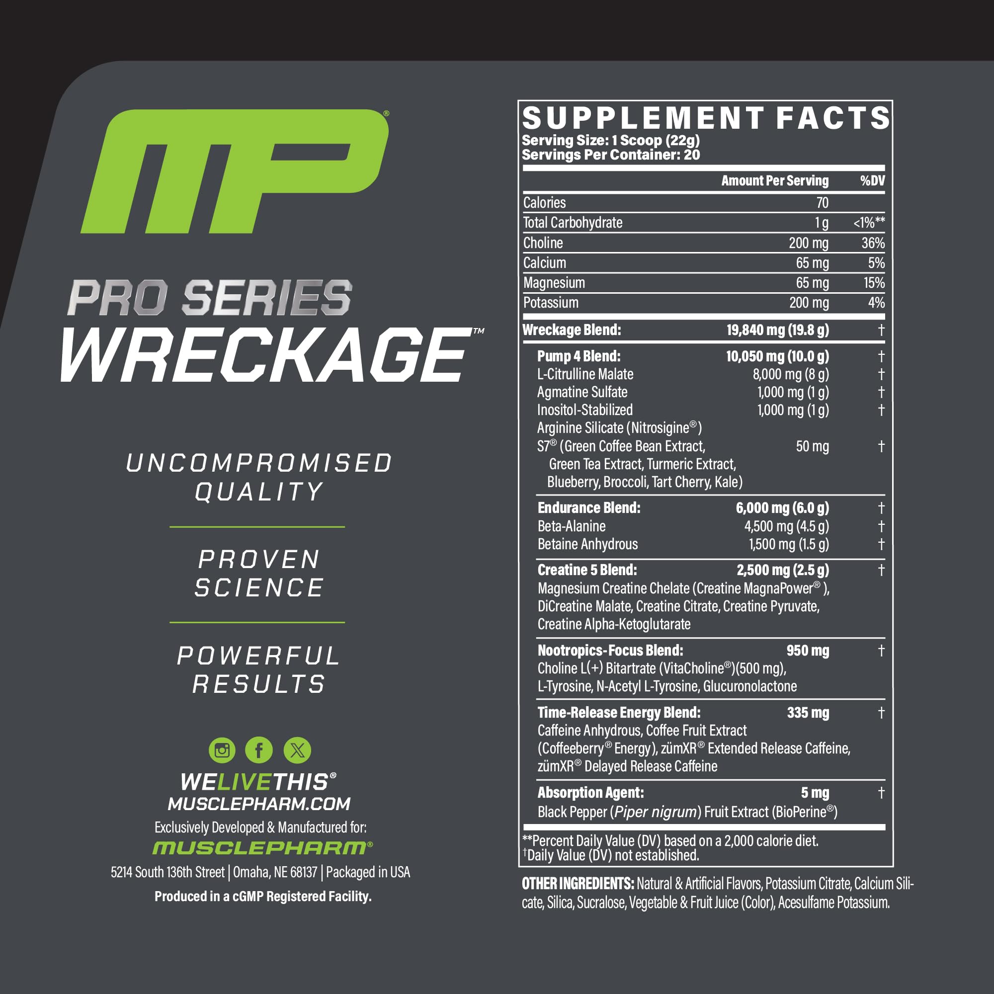 MusclePharm WRECKAGE: frasco de 15.5 oz con fórmula de alto rendimiento