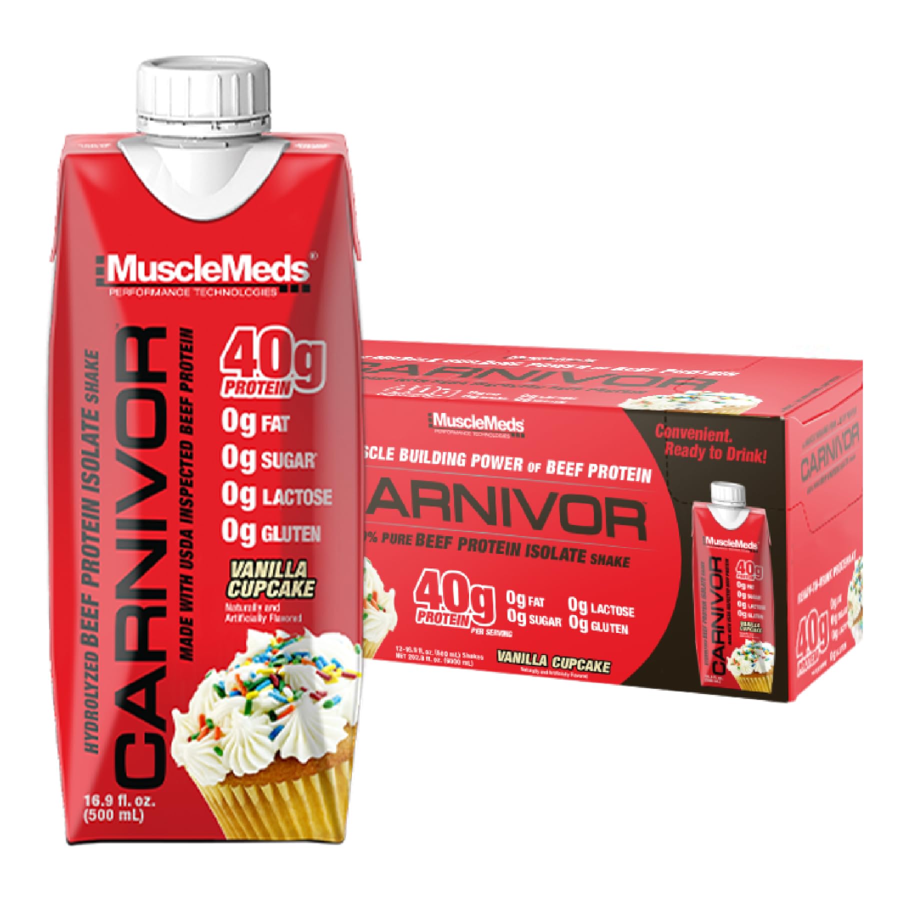 MuscleMeds Carnivor RTD: botella frontal, proteína rápida para recuperación muscular.